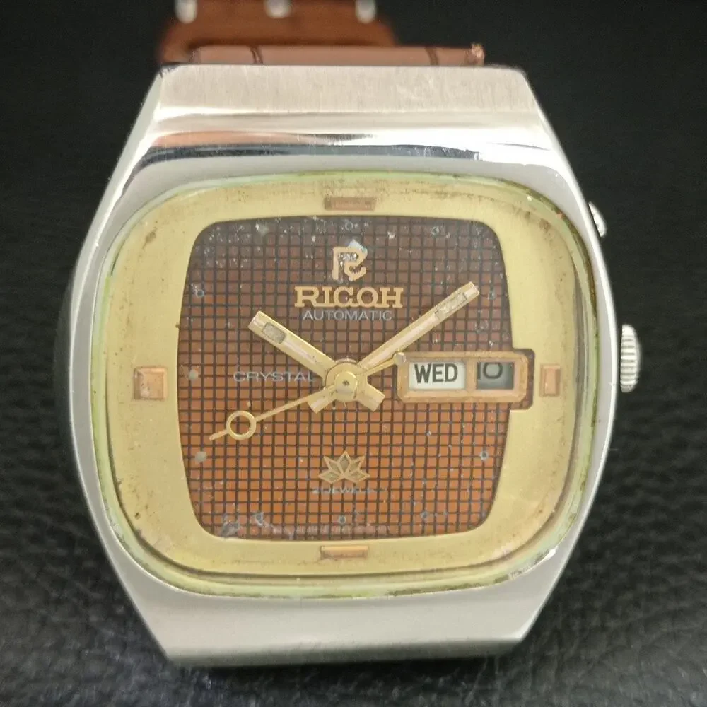Vintage 1984 Ricoh Automatic Mens Silver Watch W/daydate & Gold accents